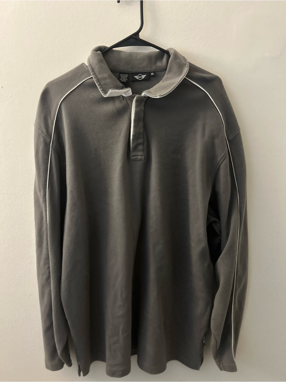 MINI Men’s Solid Grey Long Sleeve Collared Polo Shirt Button Logo